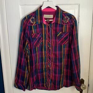 Bit & Bridle Women’s Plaid Colorful Western Long-sleeve Y2K Shirt Blouse Sz XL